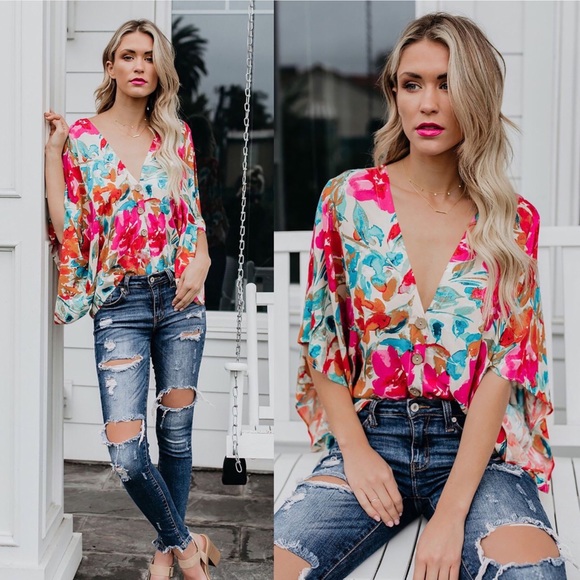 Paris&Pearle Tops - In Bloom Multicolored Floral Button Front Blouse